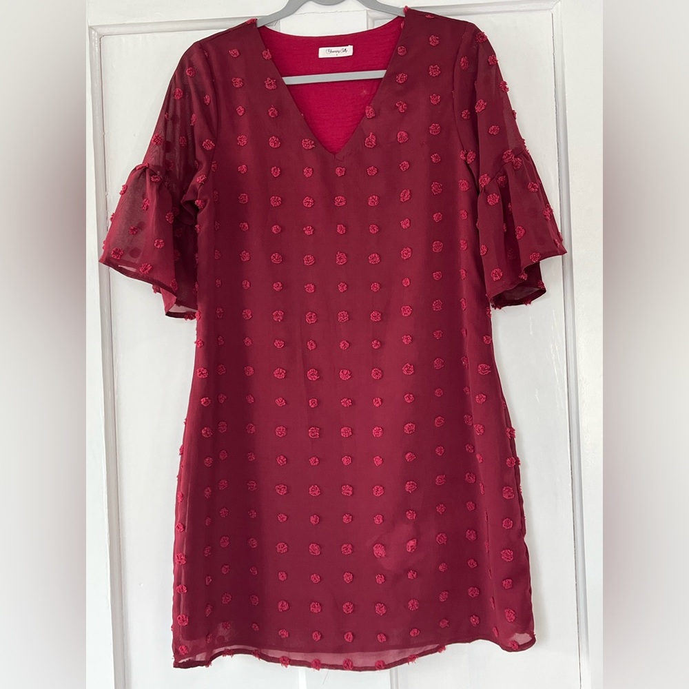 Blooming Jelly maroon V-Neck Dress with Textured Polka Dots size small